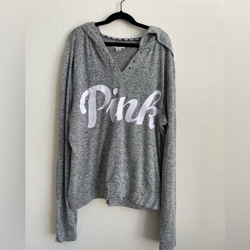 pink victoria’s secret super soft hoodie in light feathered gray